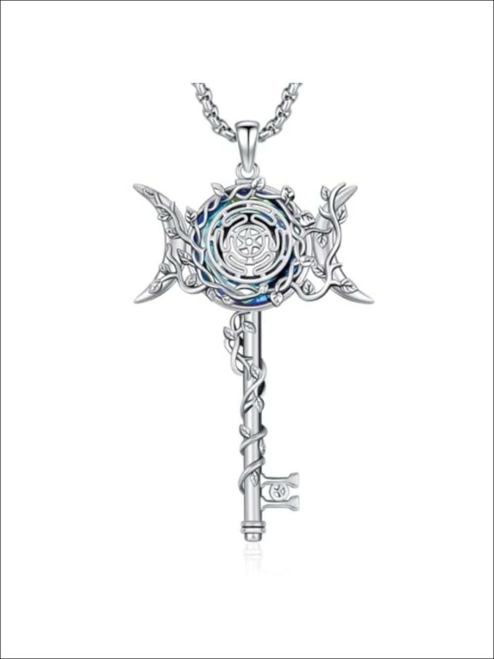 Hecate Key Necklace 925 Sterling Silver Triple Moon Goddess Wiccan Pendant